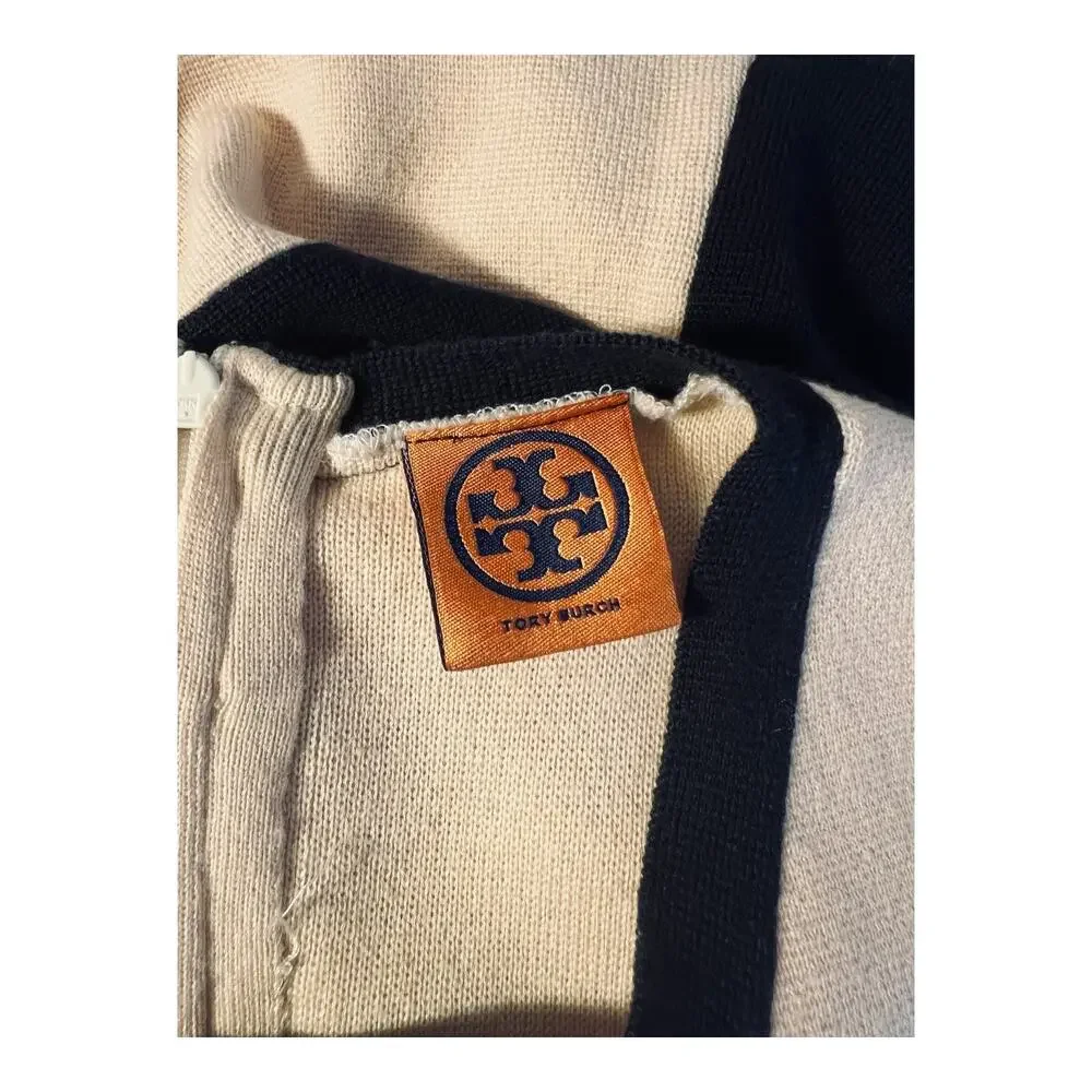 Tory Burch Cream Navy Colorblock Knit Dress Medallion Buttons Sleeveless S